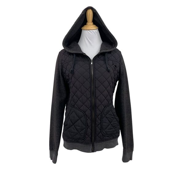 Hurley Jacket Womens M Medium Grey Quilted Panel Knit Sleeves Full Zip Hooded - Picture 1 of 14